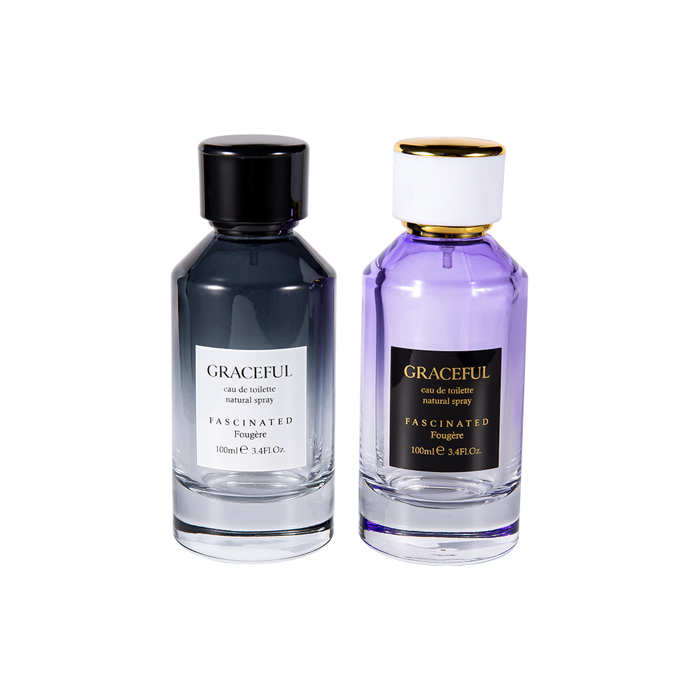 GC4418-WJ2098 100ML কালার কোটেড প্রিন্টেড গ্লাস পারফিউম বোতল লেদার ABS প্লাস্টিক ক্যাপ এবং UV PP লাইনার সহ