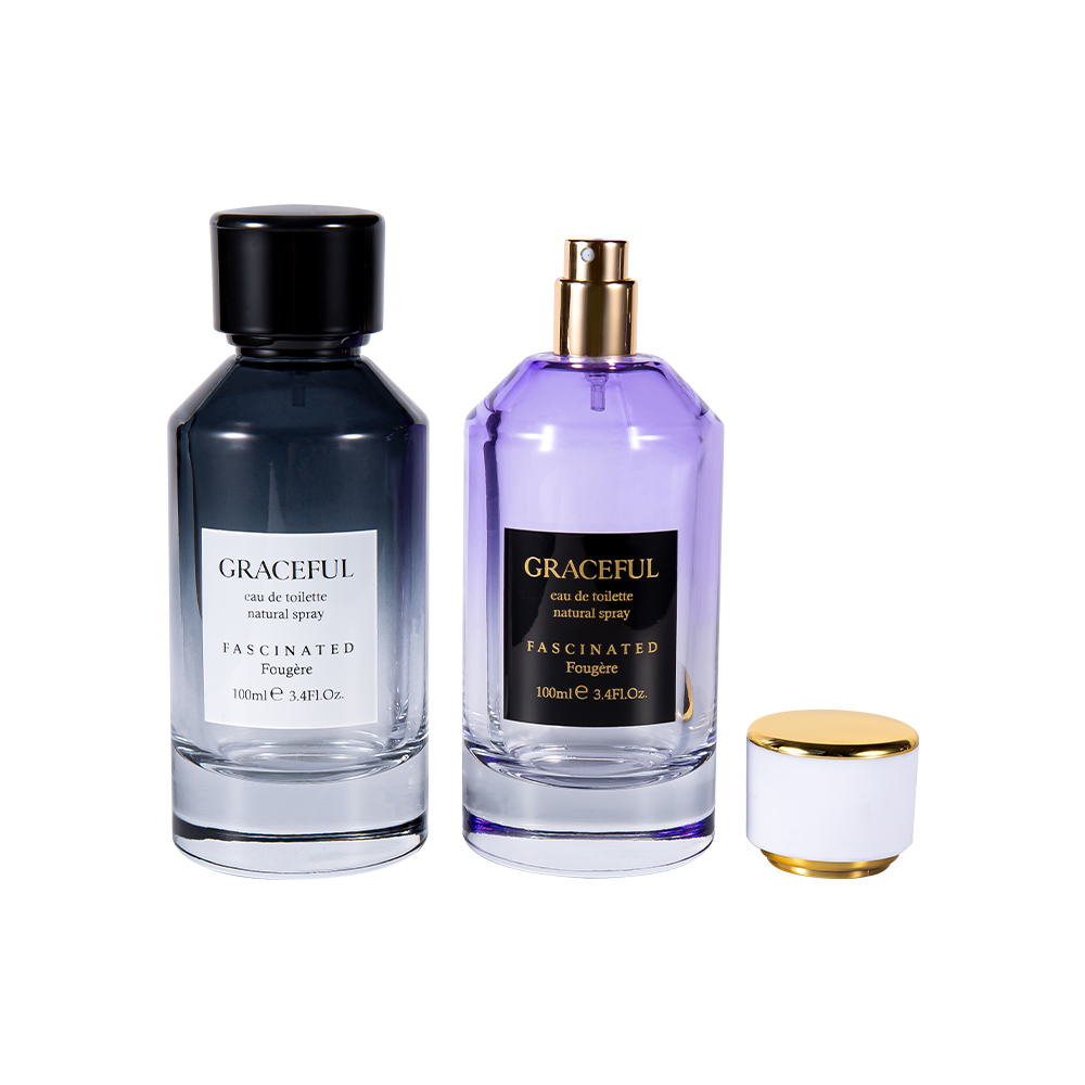 GC4418-WJ2098 100ML কালার কোটেড প্রিন্টেড গ্লাস পারফিউম বোতল লেদার ABS প্লাস্টিক ক্যাপ এবং UV PP লাইনার সহ