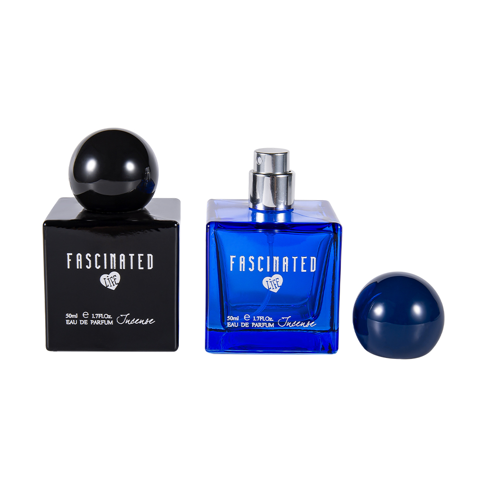 KY145-WJ2537 50ML কিউব কালার প্রিন্টেড গ্লাস পারফিউম বোতল গোলাকার UV প্লাস্টিক ক্যাপ সহ