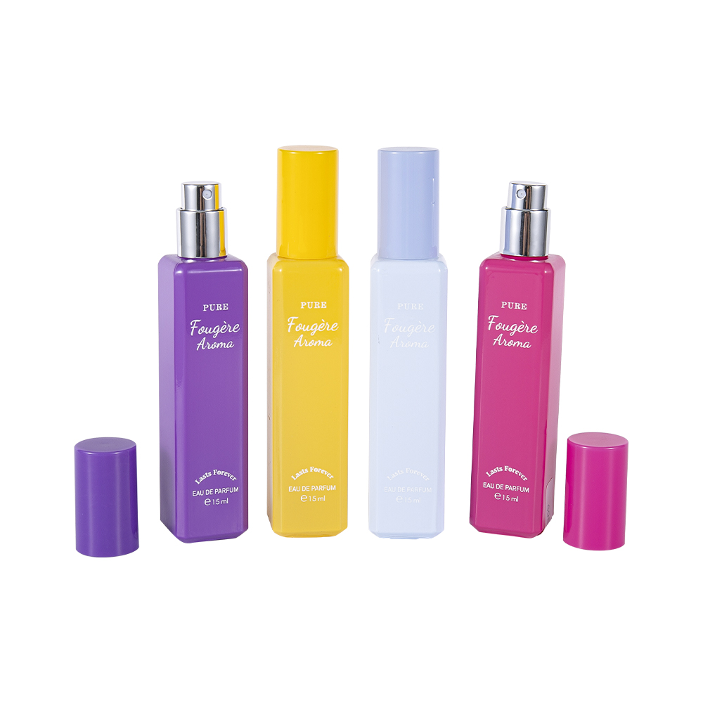 GC4222-WJ2369 15ML ছোট ধারণক্ষমতার রঙিন পিপি প্লাস্টিক ক্যাপ সহ প্রলিপ্ত কাচের পারফিউম বোতল