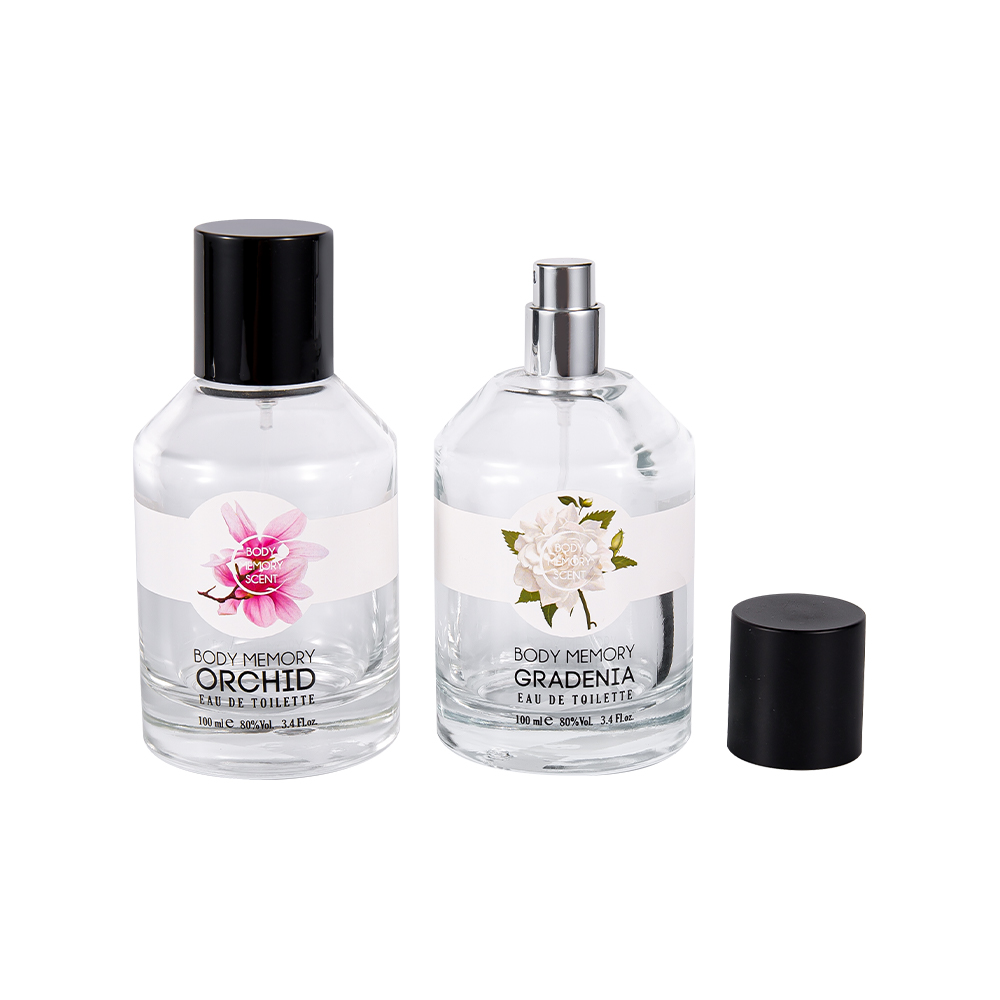 KY1603-WJ2388 100ML প্রিন্টেড স্টিকার গ্লাস পারফিউম বোতল সঙ্গে নলাকার চকচকে ম্যাট কালো পিপি ক্যাপ